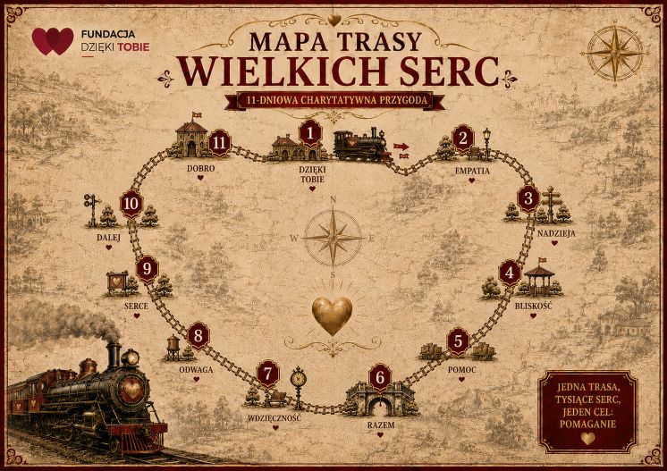 Mapa trasy Wielkich Serc — jedenaście stacji ułożonych w kształt serca.